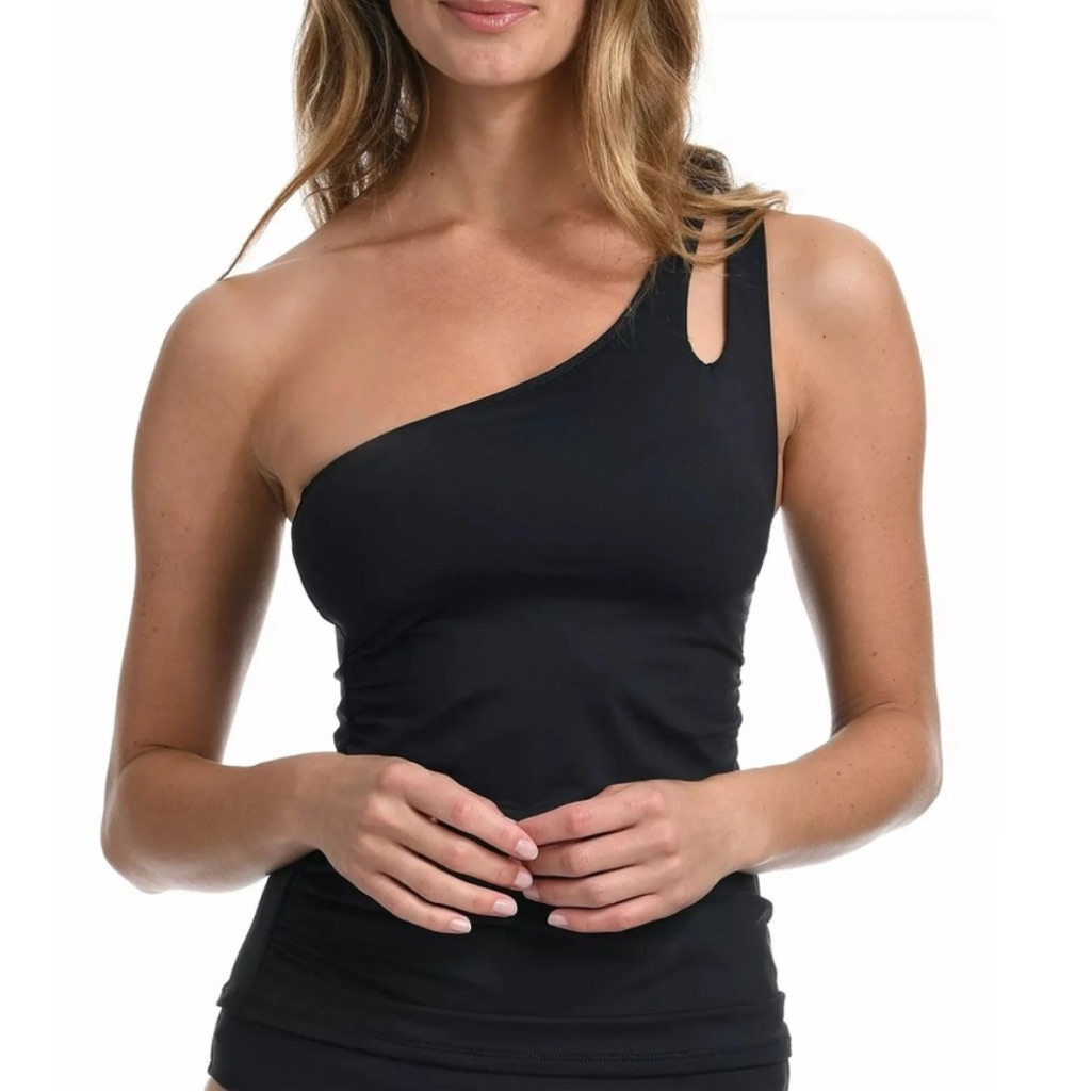 La Blanca Island Goddess One Shoulder Keyhole Tankini Top, Black, 12